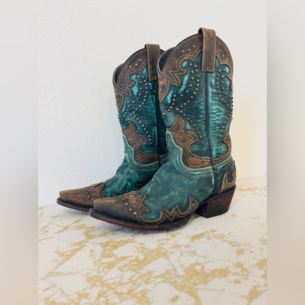 COBARCA Women’s Turquoise & Brown Leather Brass Studded Boots MX 23 - Picture 3 of 10